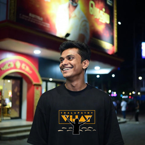 Thalapathy Fan Theatre Moment Front Only Printed  - Jananayagan Vijay Tamil Oversize Tee