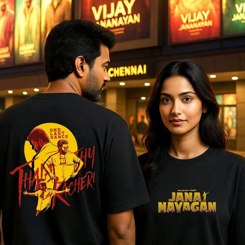 Thalapathy kacheri back Gold font front  - Jananayagan Tamil Oversize Tee