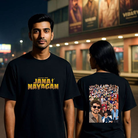 Jananayan Font and Back side Thalapathy Characters  - Jananayagan Tamil Oversize Tee